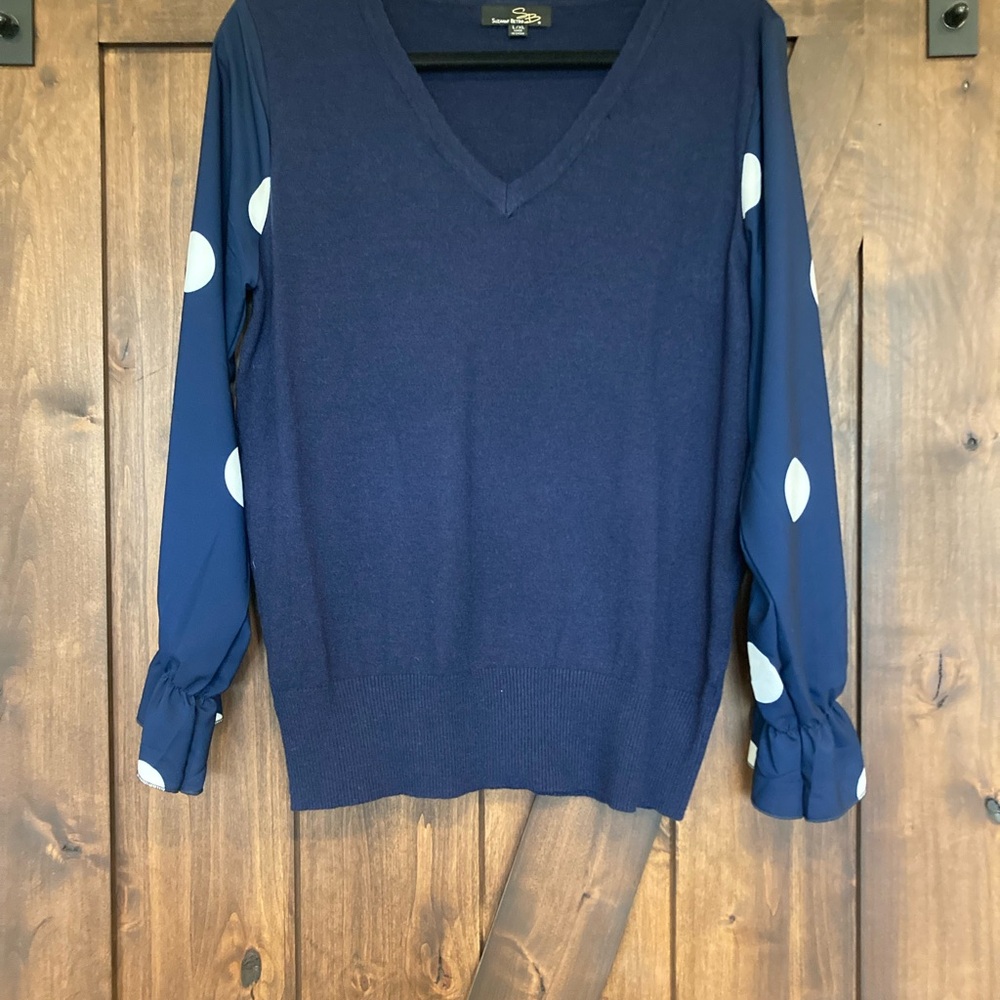 Women's Navy Polka Dot Lightweight Sweater.  Dress it up or cute with jeans!
